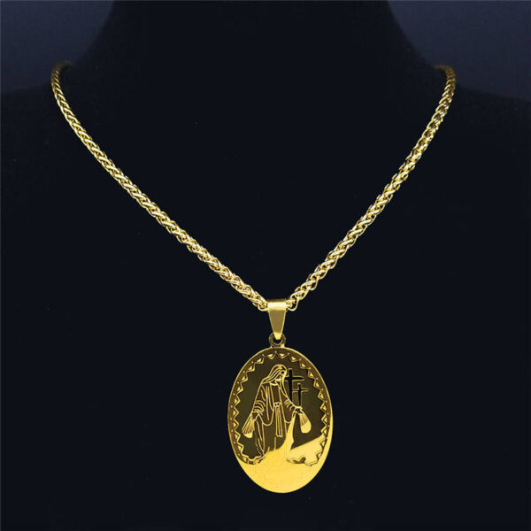 KOMI HipHop Goddess Madonna Medal Twist Chain Necklace 18K Gold Stainless Steel Oval Virgin Mary Pendant Necklaces for Men Gift