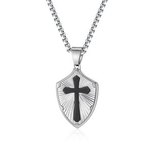 KOMI Mens Cross Necklace Silver Stainless Steel Shield Armor with Black Gold Cross Pendant Necklace for Men Box Chain 24 Inch