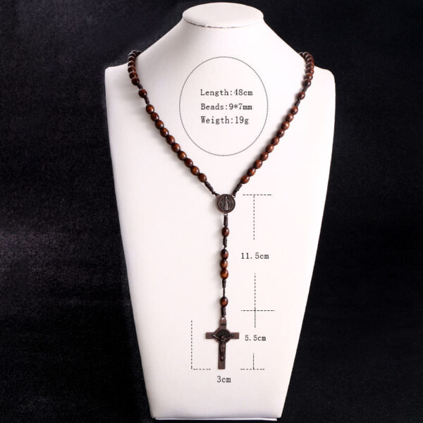 KOMi Christ Wooden Beads 9*10mm Rosary Bead Cross Pendant Woven Rope Chain Necklace Religious Jewelry Accessories R-192