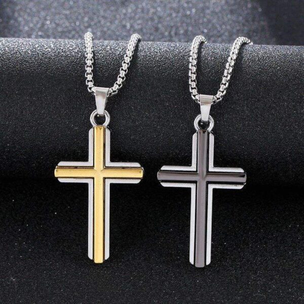 370c2c01f9d8e2224bdabf74592a39b3_Hccc036f575d1421082c4e6fe7d8363bdg_avif=close&webp=close KOMI Cross Necklace for Men Double Color Black Gold Stainless Steel Plain Cross Pendant Necklace for Men Women Wear Necklace
