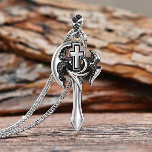 KOMI Retro Fashion Axe Necklace for Men Trendy Personality Hip Hop Sword Cross Pendant Necklaces Stainless Steel Sweater Chain