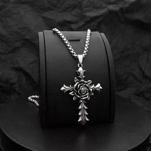 378f597d1807fa6dc1153a704f58e083_H25f16b7cc3c84ce29d012b27ac7cbb36X_avif=close&webp=close KOMI Vintage Rose Cross Pendant Necklaces Stainless Steel Long Chain Necklace Hip Hop Fashion Sweater Chain Necklaces for Men