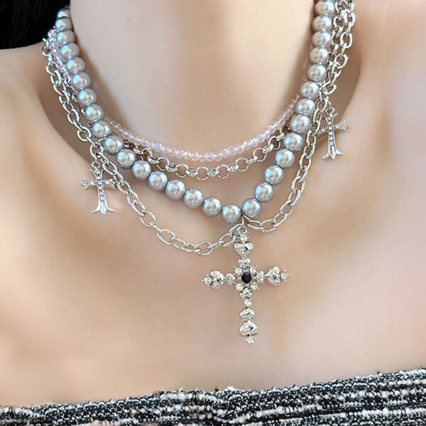 KOMI Punk Layered Necklace Crystal Beads Metal Chain Baroque Pearl Beaded Folded Cross Pendant Chokers Necklaces for Women Girls