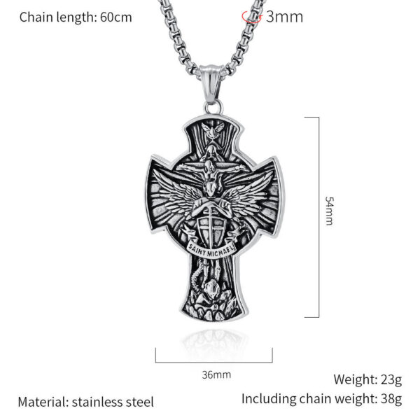 KOMI Mens Cross Necklace Vintage Stainless Steel Saint Michael Archangel Sword Cross Pendant Necklace for Men Box Chain