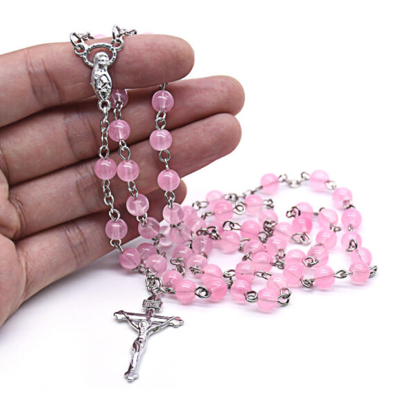 Komi High Quality 8 mm Glass Pink Beads Necklace Religious Gift Orthodox Catholic Crucifix Rosary Necklace