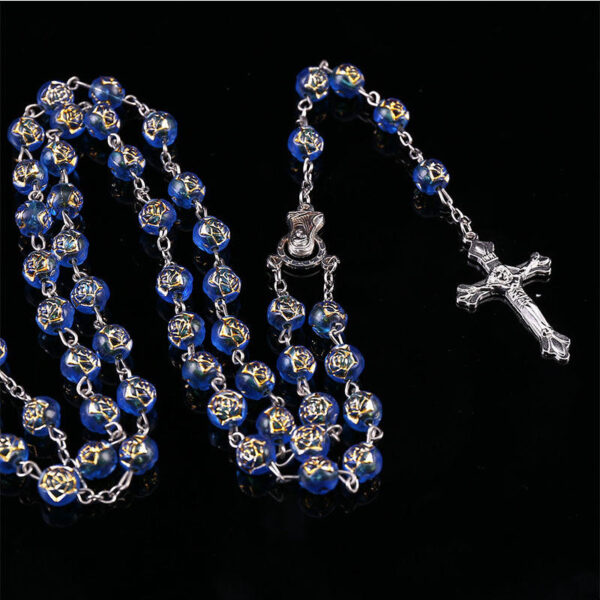 8mm Round Rose Beads Necklace, Rose Beads Prayer Beads Jesus Pendant in the Center of the Virgin Mary