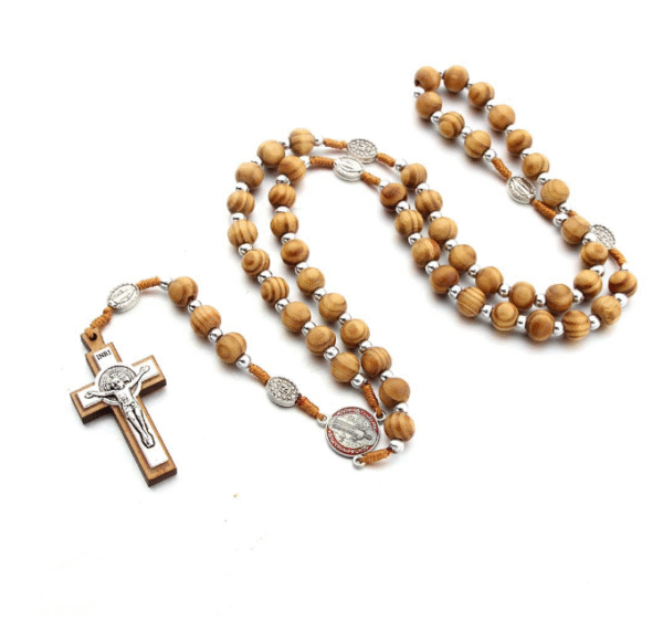 Komi Wooden Rosary Vintage Virgin Mary Center Beads Cross Crucifix Pendant Prayer Jewelry Necklace