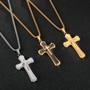 KOMI Hot Selling Stainless Steel Non-fading Necklace Three Layer Three-dimensional Cross Pendant Necklace