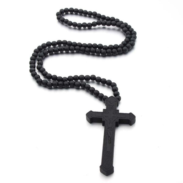 2024 KOMI 8mm Wooden Beaded Necklaces Religious Catholic Wood Bead Rosary Crucifix Cross Pendant Necklace for Men Easter Baptism Gift