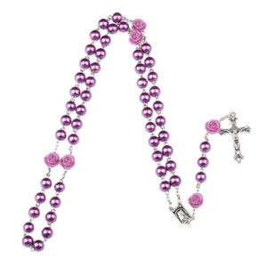 KOMI Multicolor 6mm Imitation Pearl Rose Flowers Catholic Jesus Cross Our Lady of Lourdes Virgin Mary Religious Rosary Necklace
