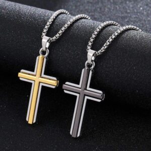 KOMI Cross Necklace for Men Double Color Black Gold Stainless Steel Plain Cross Pendant Necklace for Men Women Wear Necklace