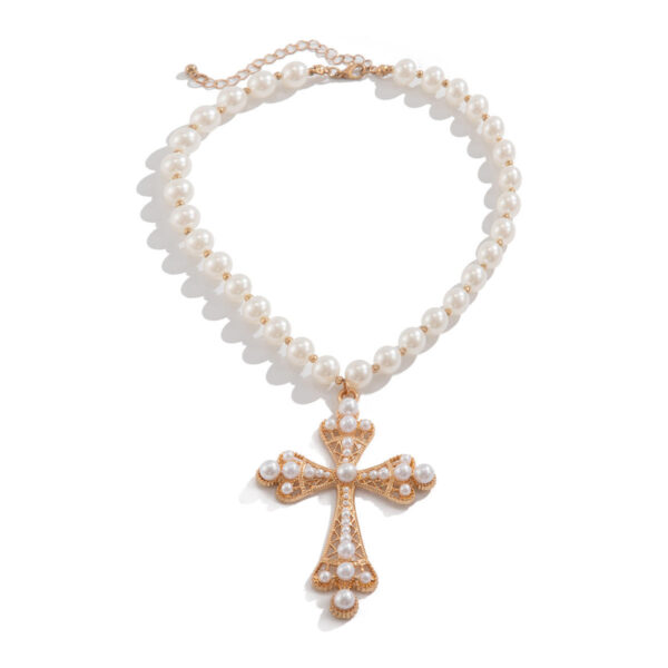 KOMI Womens Silver Gold Exaggerated Large Pearl Cross Pendant Necklace for Women Girls with 17.7" Pearl Beaded Chain Necklaces
