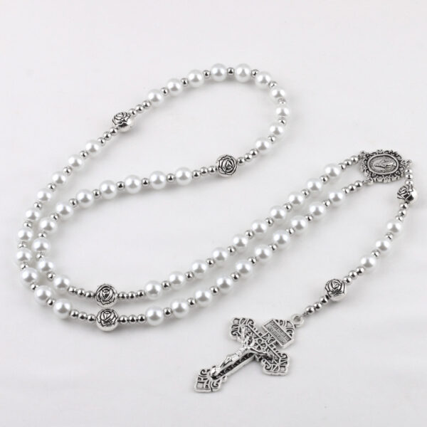 KOMI Women 8mm Purple Pink Pearl Glass Rosary Beads Imitation Pearl Beads Silver Rose Beaded Rosary Cross Pendant Necklaces Gift