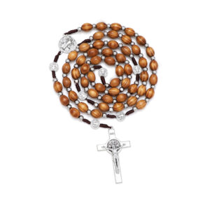2024 Wooden Rosary Necklace Wooden Beads Saint Benedict Alloy Medal Rosary Necklace Jesus Cross Pendant Religious Prayer Jewelry