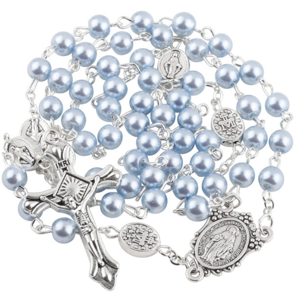 KOMI Pink Purple Blue 6mm Glass Imitation Pearl Rosary Beads with Crucifix Cross Pendant Necklaces for Women Religious Gifts