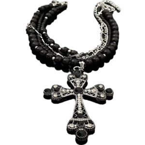 KOMI Unique Layered Black Beads Titanium Steel Cross Chain Chokers Necklaces Gothic Punk Vintage Cross Pendant Necklace for Men