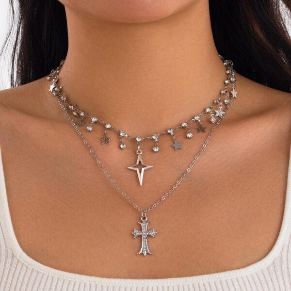 KOMI Sweet Star Cross Pendant Necklace for Women Cool Gothic Rhinestone Crystal Tassels Layered Punk Choker Necklace for Girls