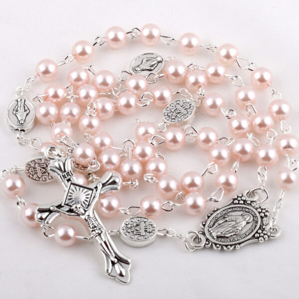 KOMI Pink Purple Blue 6mm Glass Imitation Pearl Rosary Beads with Crucifix Cross Pendant Necklaces for Women Religious Gifts