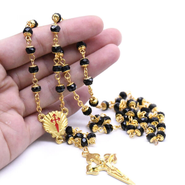 KOMI Black Crystal Cross Necklace for Women Men Gold Plated Crystal Beaded Rosary Necklace Cross Pendant Necklaces for Prayer