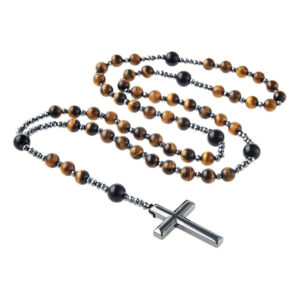 KOMI Hot Sale Black Hematite Cross Pendant Necklace Tiger Eye Gemstone Rosary Beads Necklaces for Men Women