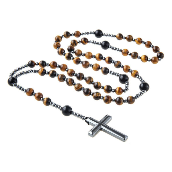 KOMI Hot Sale Black Hematite Cross Pendant Necklace Tiger Eye Gemstone Rosary Beads Necklaces for Men Women