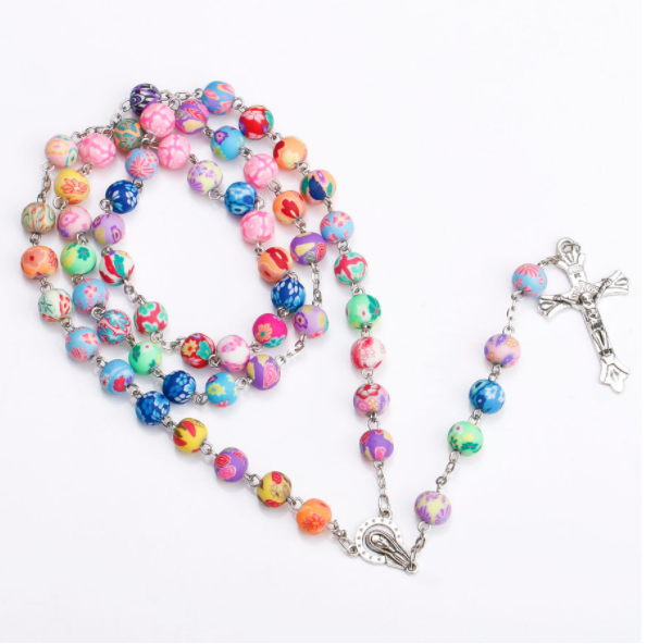 2024 Hot Sell Rosary Soft Clay Bead Jesus Cross Christ Maria Stock Necklace for Pray