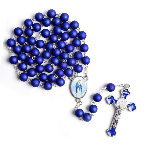 2024 Komi Wholesales Religious Catholic 8mm Blue Acrylic Grind Arenaceous Beads Chain Prayer Rosary Necklace