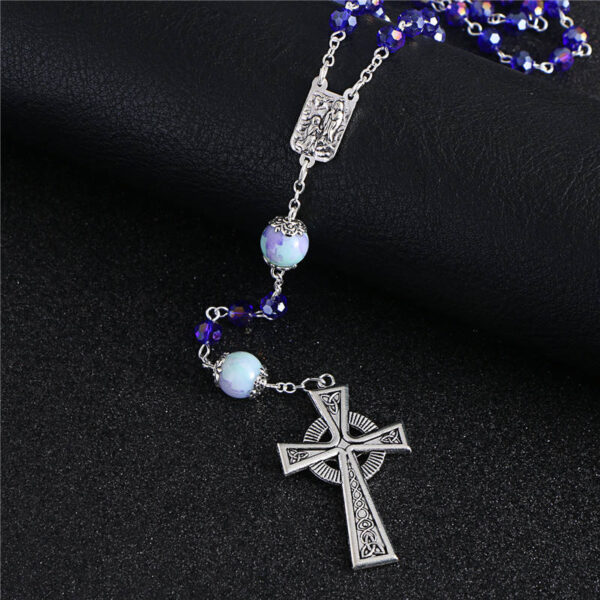 Blue Glass Stone Bead Cross Pendant Necklace Rosary ReligionCatholic Handmade Necklace Jewelry Good Quality