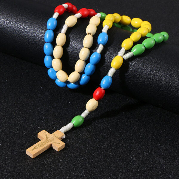 KOMi Handmade Wooden Rosary Cross Pendant Necklace Jesus Weave Colored Beads Child Girl Catholic Religious Fashion Jewelry R-190