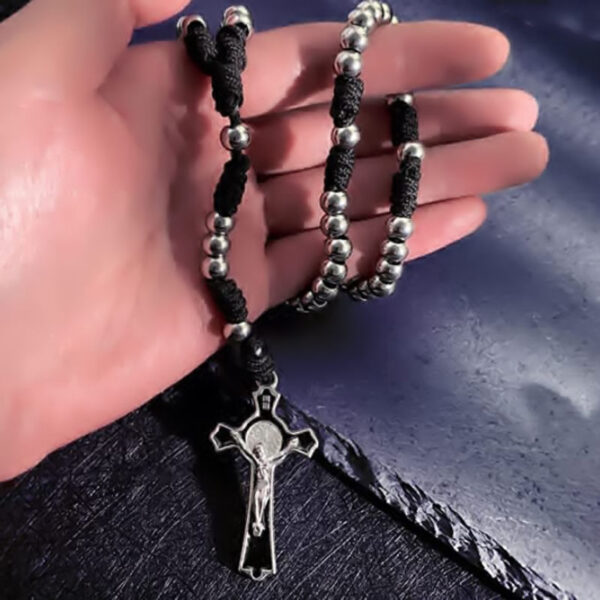 KOMI Black Rope Braided Stainless Steel Beads Rosary Necklace with Black Enamel Crucifix Cross Pendant Necklace Car Accessories