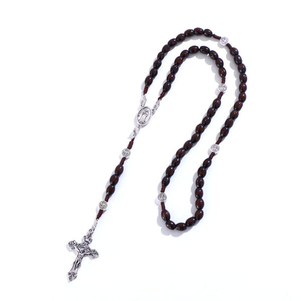 KOMi Handmade Weave Round Antique Wooden Rosary Cross Necklace Vintage Catholic Religious Jesus Jewelry Wholesale 2 Color Beads