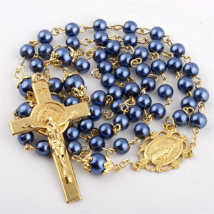 KOMI Gold Jesus Cross Pendant Necklaces Colorful Pearl Rosary Beads with Crucifix Cross Catholic Rosary Necklace for Women Gifts