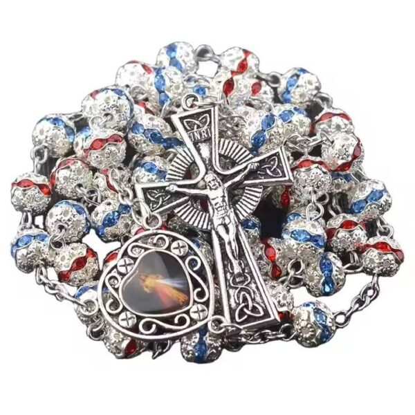 Rosary Hollow Alloy Crystal Diamond Beads Jesus Medal Alloy Cross Necklace Vintage Catholic Religious Jesus Jewelry RN-228