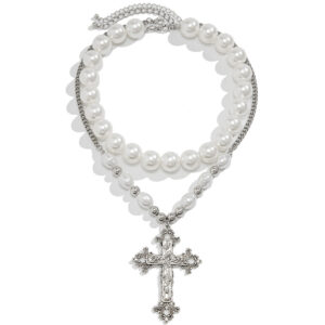 KOMI Dainty Bridal Wedding Pearl Necklace Cross Necklace for Women Layered Pearl Chain Silver Cross Pendant Necklace for Girls