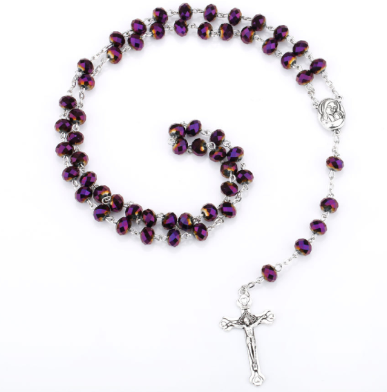 2023 Hot Sell Rosary 8*6mm Glass Cut Face Crystal Jesus Cross Christ Maria Stock Rosary Necklace