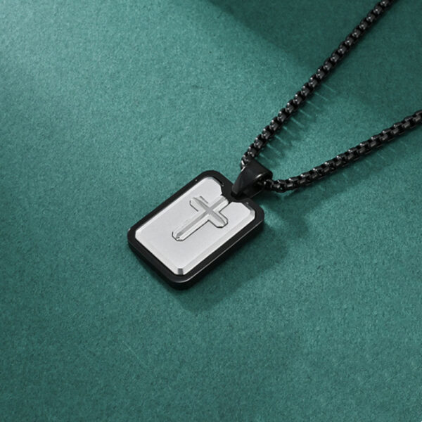 56935db5ecfbb9d9f4b59f1375399f82_H988e384054e8413ab31a1881c23336d3J_avif=close&webp=close KOMI Silver Black Gold Stainless Steel Rectangle Medal Engraved Cross Pendant Necklace for Men Box Chain 24 Inch Jewelry Gifts