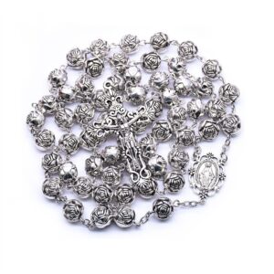 Wholesale Religious Roses Carved Alloy Beads Cross Crucifix Pendant Rosary Necklace