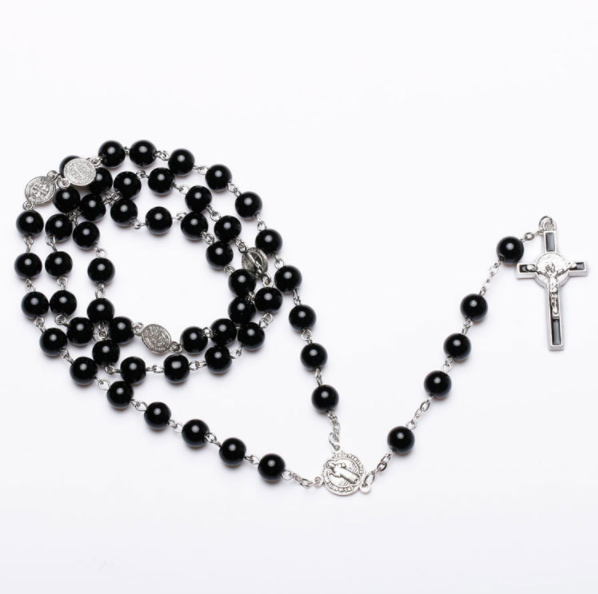 2024 Hot Sell Rosary 8mm Black Glass Pearl Jesus Cross Christ Maria Necklace for Pray