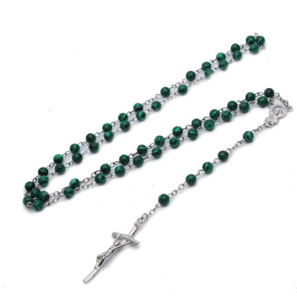 2024 Komi Religious Green Malachite Natural Stone Catholic Cross Pendant Statue Christ Jewelry Rosary Necklace