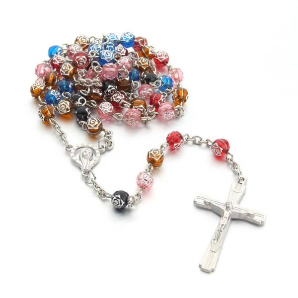 Wholesales Rose Beads Colorful Printed Gold and Silver Rosary Crucifix Virgin Mary Pendant Rosary Religious Jewelry Necklace