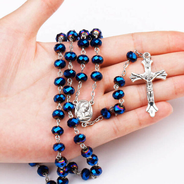 2023 Hot Sell Rosary 8*6mm Glass Cut Face Crystal Jesus Cross Christ Maria Stock Rosary Necklace
