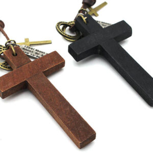 New Hot-selling Retro Style Personalized Leather Rope Necklace Natural Wood Cross hang Tag Sweater Chain