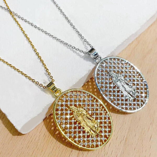58f7a715be96481ed6a7542fedd39013_Hda1be292f6b5441297486fda10bd35a44_avif=close&webp=close KOMI 18K Gold Plated CZ Oval Medal Virgin Mary Pendant Necklaces Women's Necklace Luxury Stainless Steel Chain Religious Jewelry