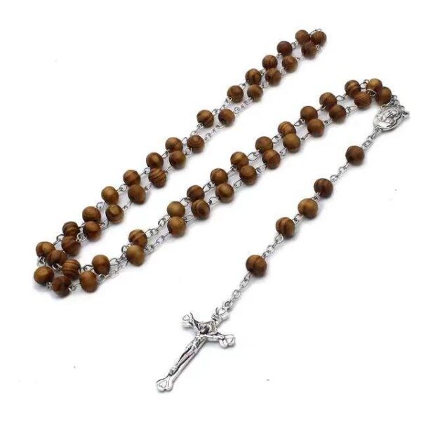 Komi Wholesales Square Black Wood Beads Cross Pendant Religious Jewelry Rosary Catholic Virgin Jesus Rosary Necklace