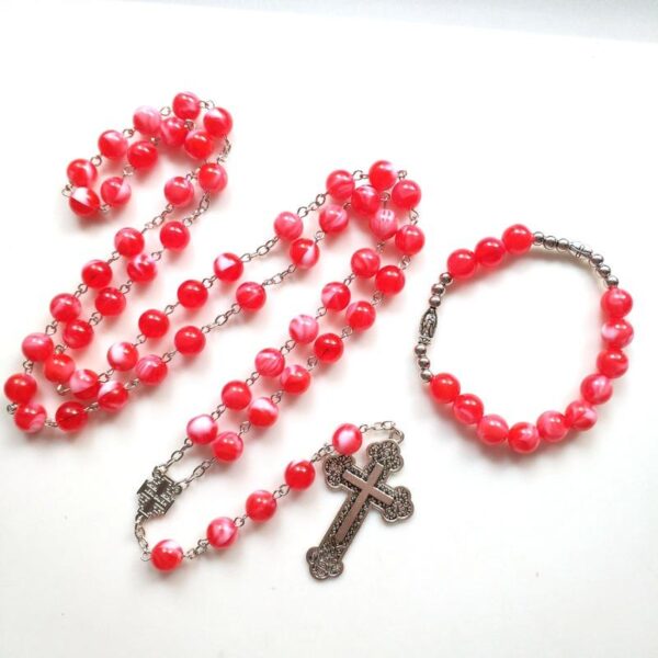 Komi 2023 New 10MM Red Rosary Cross Pendant Necklaces Religious High Grade Jewelry Sets Wholesale
