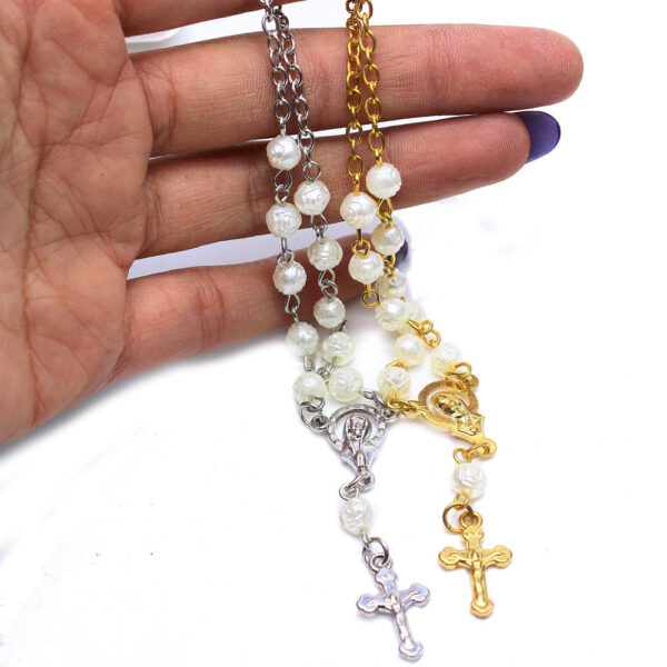 2023 Komi Wholesale Catholicism Plastic White Rose Shaped Pearl Prayer Beads Rosary Virgin Mary Cross Pendant Necklace
