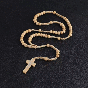 New Hand-woven Rope Wooden Beads Jesus Cross Pendant Necklace Multicolor Rosary Necklace