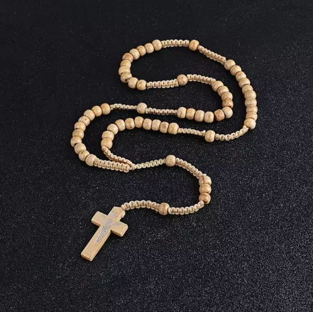 New Hand-woven Rope Wooden Beads Jesus Cross Pendant Necklace Multicolor Rosary Necklace