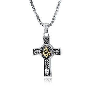 KOMI Vintage Masonic Stainless Steel Cross Necklace for Men Celtic Cross Pendant Necklace for Men Boys 24 Inches Box Chain Gifts