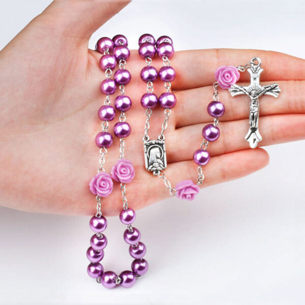 KOMI Multicolor 6mm Imitation Pearl Rose Flowers Catholic Jesus Cross Our Lady of Lourdes Virgin Mary Religious Rosary Necklace